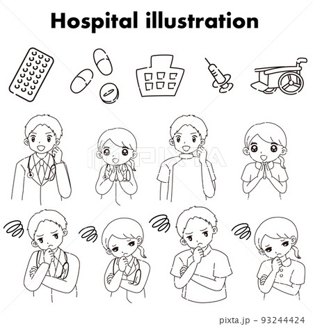 病院イメージのアイコンと医師・看護師の人物セット（白黒） 93244424