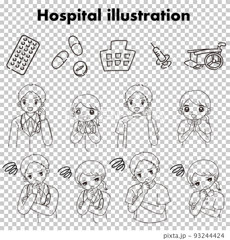 病院イメージのアイコンと医師・看護師の人物セット（白黒） 93244424