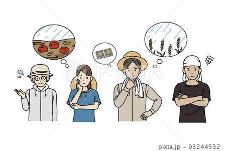 自然災害に困る　農家の人達　負債　台風　豪雨　農業　不作　イラスト 93244532