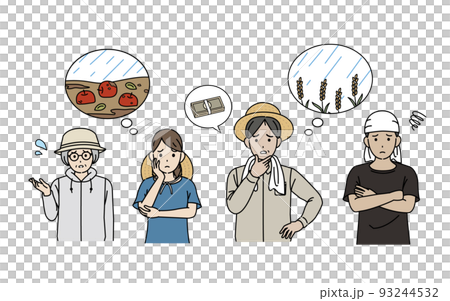 自然災害に困る　農家の人達　負債　台風　豪雨　農業　不作　イラスト 93244532