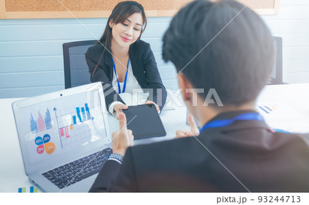 Boss is checking office work on tablet for contract and agreement from secretary concept. 93244713
