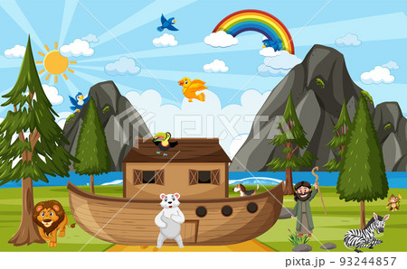 Noah's Ark with wild animals in nature scene 93244857