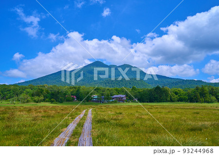 尾瀬(福島県檜枝岐村)下田代の尾瀬ヶ原から見晴地区の山小屋と燧ヶ岳を見る 93244968