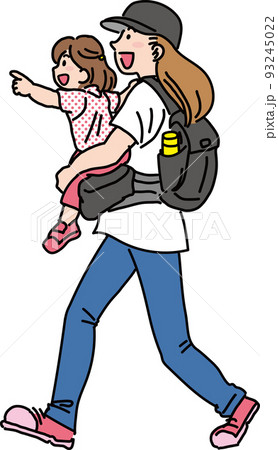 夏服の親子_前を指裂く女の子を抱っこして歩くママ 夏服の親子_前を指裂く女の子を抱っこして歩くママ 93245022