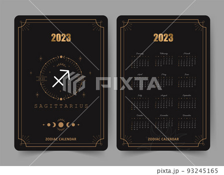 Zodiac sagittarius calendar 2023. Pocket size. Front and back sides. Week starts on sunday. Astrological vector template ready to print. Vertical layout in English with horoscope sign 93245165