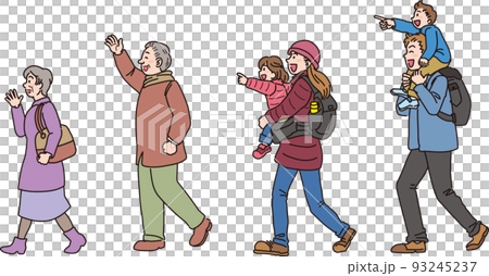 一列になって歩く冬服の三世帯家族 一列になって歩く冬服の三世帯家族 93245237