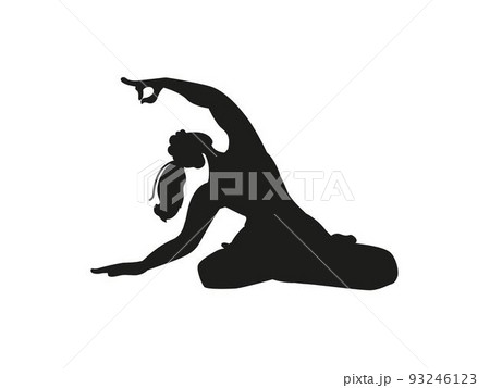 Young woman sits in a Yoga Pose and meditates. The girl doing the stretching exercises.  Physical practice. Vector flat illustration.	 93246123