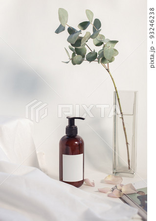 Body lotion layout on white background, minimalistic, spare place on sticker 93246238