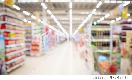 Abstract blur supermarket aisle with colorful product on shelves background Abstract blur supermarket aisle with colorful product on shelves background 93247432