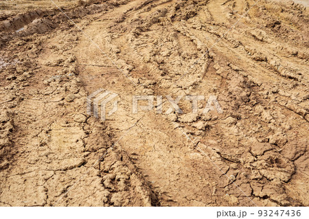 wheel tracks on rural dirt road 93247436