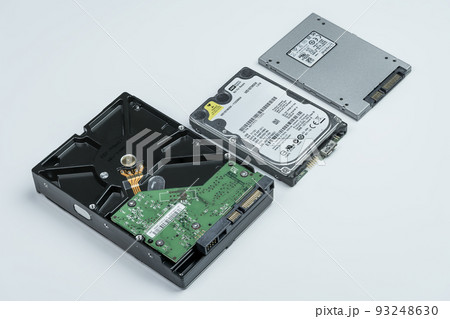 Three type of Data Storage, Harddisk, SSD devices for Computer isolated on white. Three type of Data Storage, Harddisk, SSD devices for Computer isolated on white. 93248630