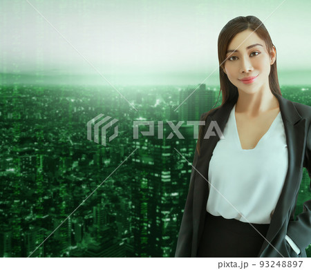 Portrait of an Asian Business woman with Japanese Tokyo technology city with green technology background. Portrait of an Asian Business woman with Japanese Tokyo technology city with green technology background. 93248897