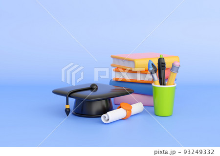 Concept of back to school, learning and onlline education banners. Graduation cap with books stack and writing accessories. 3d high quality render Concept of back to school, learning and onlline education banners. Graduation cap with books stack and writing accessories. 3d high quality render 93249332