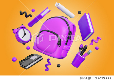 Concept of back to school, learning and onlline education banners. Backpack flying with writing accessories, clock and books. 3d high quality render Concept of back to school, learning and onlline education banners. Backpack flying with writing accessories, clock and books. 3d high quality render 93249333