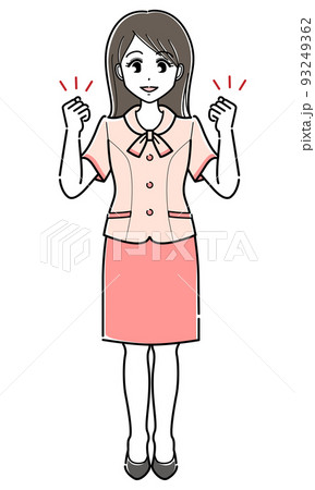 ガッツポーズするオーバーブラウスの女性（シンプル・全身） 93249362