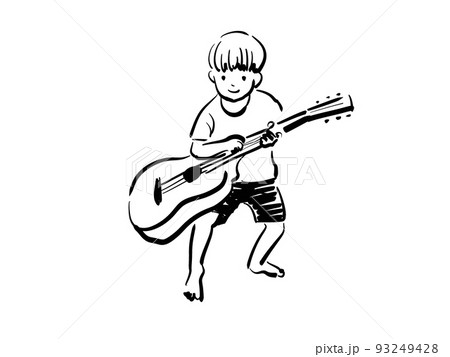 ギターを練習中のキノコヘアの男の子のイラスト素材