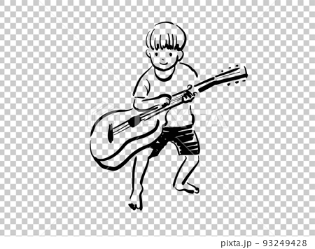 ギターを練習中のキノコヘアの男の子のイラスト素材