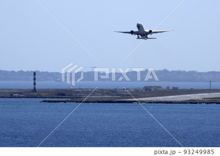 airplane while taking off from nice france airport by the sea 93249985