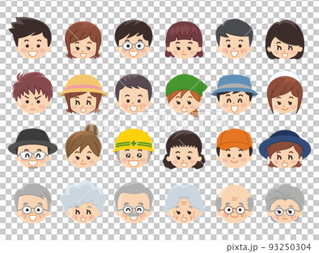 人們的微笑，各個年齡段的男人和女人，面部圖標 93250304