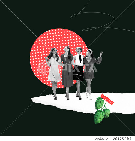 Contemporary art collage. Stylish beautiful women going on beer party to celebrate Oktoberfest 93250464