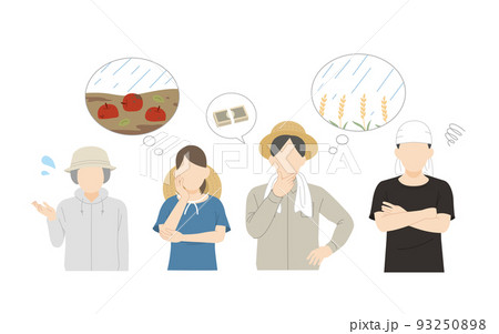 自然災害に困る　農家の人達　負債　台風　豪雨　農業　不作　イラスト 93250898