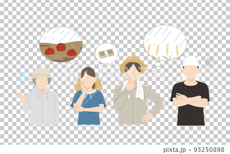 自然災害に困る　農家の人達　負債　台風　豪雨　農業　不作　イラスト 93250898