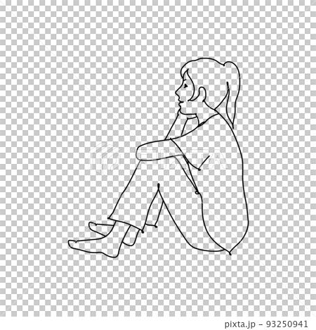 一個女孩坐在地板上,雙手捧著臉頰單色線條畫 一個女孩坐在地板上,雙手捧著臉頰單色線條畫 93250941