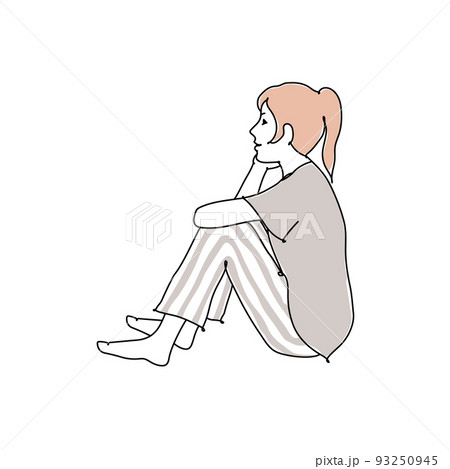 頬杖をついて床に座る女の子 線画 頬杖をついて床に座る女の子 線画 93250945