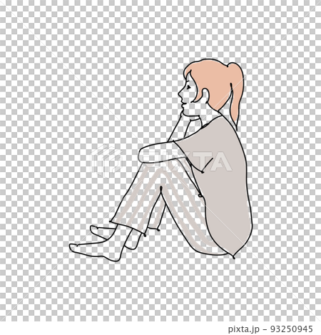 頬杖をついて床に座る女の子 線画 頬杖をついて床に座る女の子 線画 93250945
