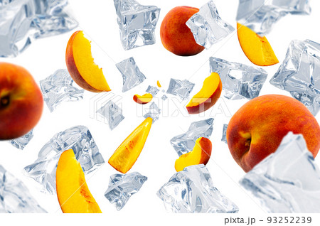 Collection of real Ice cubes with fresh Peach falling on white background. Concept for product advertising. Selective Focus. Collection of real Ice cubes with fresh Peach falling on white background. Concept for product advertising. Selective Focus. 93252239
