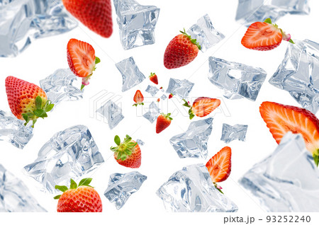 Collection of real Ice cubes with Strawberry falling on white background.  Concept for product advertising. Selective Focus. 93252240