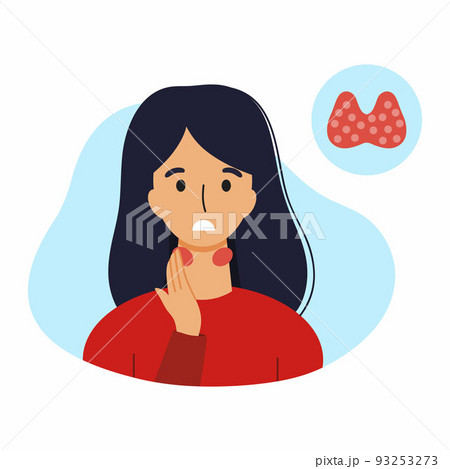 A woman with thyroid disease. Pain in the neck. Vector illustration with a medical disease symptom. 93253273
