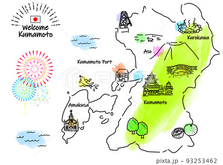 手描きの熊本県の観光地シンプル線画イラストマップ 93253462