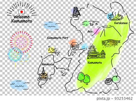 手描きの熊本県の観光地シンプル線画イラストマップ 93253462