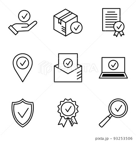 Quality control icons. Approved, check mark symbols, check mark, certification, approval concepts. 93253506