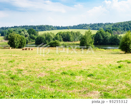 mowed meadow next to river on sunny summer day 93255312