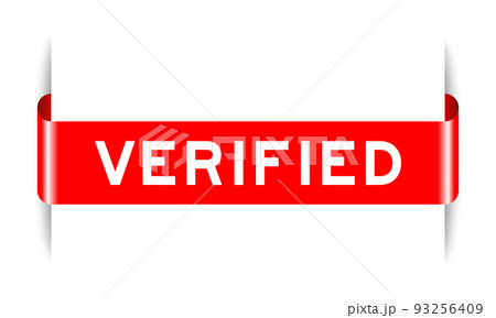 Red color inserted label banner with word verified on white background 93256409