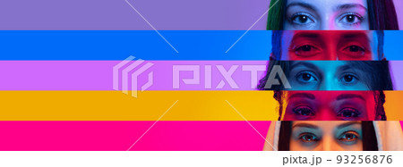 Collage of close-up male and female eyes isolated on colored neon backgorund. Multicolored stripes. Concept of equality, vision, emotions Collage of close-up male and female eyes isolated on colored neon backgorund. Multicolored stripes. Concept of equality, vision, emotions 93256876