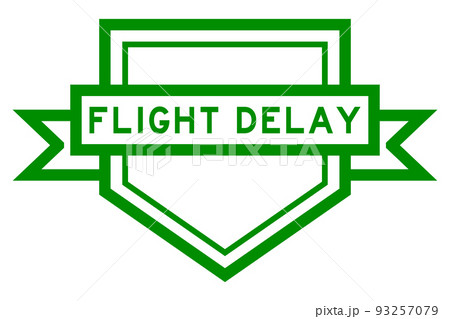 Vintage pentagon label banner with word flight delay in green color on white background 93257079