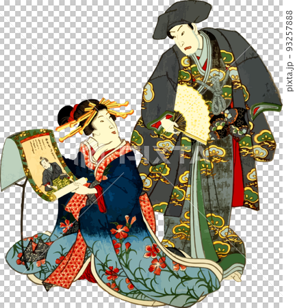 掛け軸について話す花魁と男性 93257888