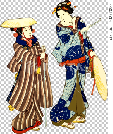 Women walking on a snowy road while talking 93257890