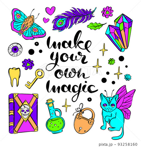 MAGIC LETTERING ILLUSTRATION COLOR Mystic Symbols Of Witchcraft Cartoon Holiday Halloween Colorful Sketch Hand Drawn Text Flat Design Vector Illustration Set 93258160