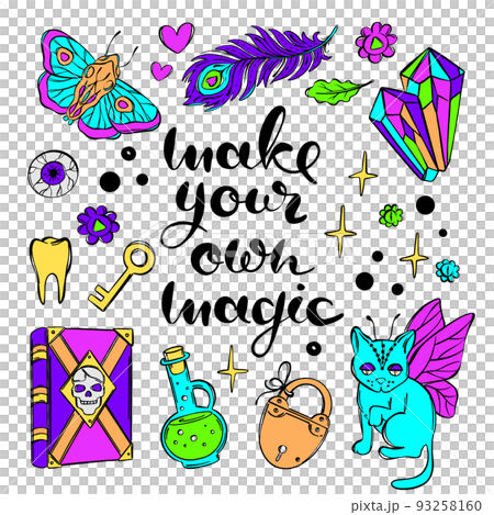 MAGIC LETTERING ILLUSTRATION COLOR Mystic Symbols Of Witchcraft Cartoon Holiday Halloween Colorful Sketch Hand Drawn Text Flat Design Vector Illustration Set 93258160