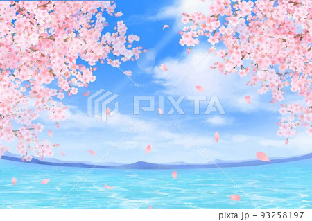 美しく華やかな桜と花びら舞い散る春の空に光差し込む雲と湖畔のフレーム背景ベクター素材イラスト 美しく華やかな桜と花びら舞い散る春の空に光差し込む雲と湖畔のフレーム背景ベクター素材イラスト 93258197