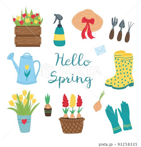 Spring set of handdrown garden items. Flat vector illustration. Spring set of handdrown garden items. Flat vector illustration. 93258335