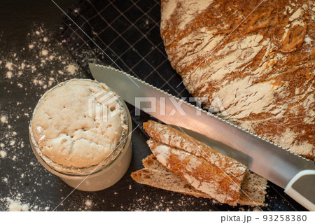 Graham bread and sourdough starter. Top view. Graham bread and sourdough starter. Top view. 93258380