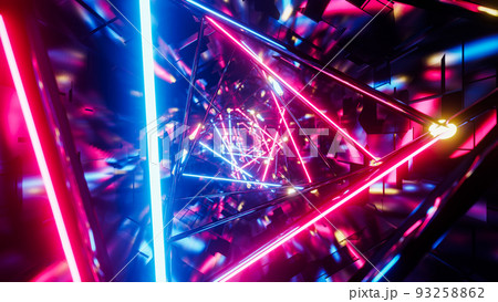 Flying into rotation triangle digital tunnel. 3D rendering illustration. 93258862