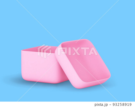 3D plastic pink open gift box on blue background. 3D plastic pink open gift box on blue background. 93258919