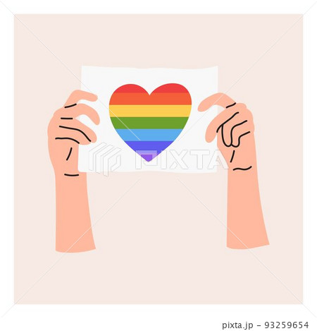 A hand holds a sign with an LGBT rainbow and love is love. Pride month, LGBT flag, rainbow. Flat vector illustration A hand holds a sign with an LGBT rainbow and love is love. Pride month, LGBT flag, rainbow. Flat vector illustration 93259654