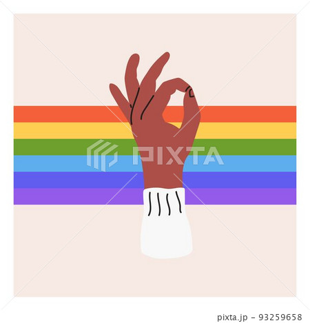 The hand shows the ok sign on the background of LGBT colors. Pride month, LGBT flag, rainbow. Flat vector illustration The hand shows the ok sign on the background of LGBT colors. Pride month, LGBT flag, rainbow. Flat vector illustration 93259658